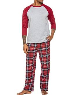 ADOME Herren Schlafanzug Lang Pyjama Rundhals Männer Schlafanzüge für Herren Winter Warm Sleepwear Kariert Hausanzug Langamr und Langehose, A-Rot+Grau, XXL von ADOME