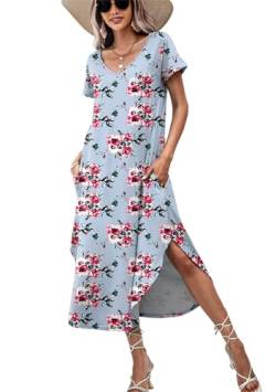 ADOME Nachthemd Damen Kurzarm Sleepwear V-Ausschnitt Schlafshirt Nachtwäsche Sommer Loungewear Nachtkleid Bequeme，Hellblau-Blume，M von ADOME