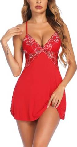 ADOME Negligee Damen Sexy Nachtwäsche Sleepwear Nachthemd Spitze Nachtkleid Lingerie Babydoll Dessous Unterwäsche Reizwäsche BH mit String(S-XXL) (L, Rot) von ADOME