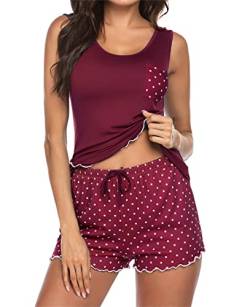 ADOME Pyjama Damen Ärmellos Schlafanzuag Kurz Sommerpyjamas Hausanzug Baumwolle Shorty Nachtwäsche Set Sleepwear Shorts Damen Dunkelrot XXL von ADOME