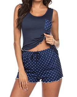 ADOME Schlafanzug Damen Kurz Nachtwäsche Shorty Frauen Sommer Pyjama Rundhals Hausanzug Sleepwear Blau S von ADOME