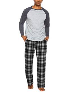 ADOME Schlafanzug Herren Lang Winter Zweiteiliger Pyjama Langarm Set Nachtwäsche Loungewear Oberteil und Karierte Schlafanzughose Hausanzug Sleepwear, Grau, L von ADOME