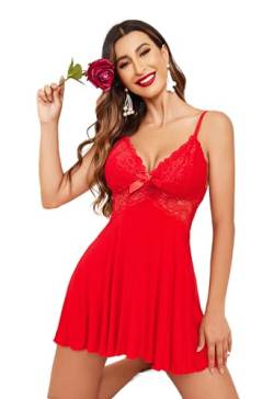 ADOME Sexy Unterwäsche für Frau Negligee Damen Babydoll Nachtwäsche Tiefer V-Ausschnitt Spitze Nachtkleid Dessous Nachthemd Rot XS von ADOME