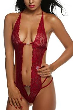 ADOME Sexy Unterwäsche für Frauen Set Tiefer V-Ausschnitt Dessous Neckholder Reizwäsche Reizvolle Lingerie aus Spitze für Damen,Rot，L von ADOME