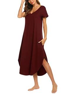 Strandkleid Damen Nachthemd Kurzarm T-Shirt Sommer Nachtkleid Lang V-Ausschnitt Freizeitkleid Große Größen mit Taschen，Weinrot，S von ADOME