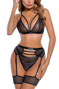 ADSEXY Damen Dessous Set Sexy Frech Fischnetz BH und Panty 4 Stück Push Up Hohe Taille Strumpfband Bodys Verstellbar, Schwarz, Medium von ADSEXY