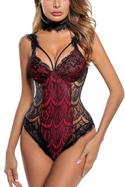 ADSEXY Damen Dessous Sexy Unterwäsche Bodysuit V-Ausschnitt Rückenfrei Body Damen Sexy Spitze Reizwäsche Wimpern Trimmen Reizvolle Strapsen Lingerie Negligee Mini Teddy Babydoll von ADSEXY