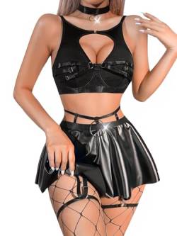 ADSEXY Damen Dessous Sexy Wet Lackleder Unterwäsche Set Verstellbare Strapse Reizwäsche Erotische Lingerie Babydoll Nackenband + BH + Slip + Rock + Netzstrümpfe von ADSEXY