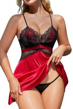 ADSEXY Dessous Damen Sexy Unterwäsche Satin-Spitze Tiefer V-Ausschnitt Nachtwäsche Brustverkleinerung Reizwäsche Babydoll Verstellbarer Schultergurt Lingerie mit Tanga Pyjamas von ADSEXY