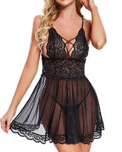 ADSEXY Dessous Damen Sexy Unterwäsche Spitzenmuster Zierleiste Rocksaum Nachtwäsche Verstellbarer Schultergurt Sleepwear Wickelrock in der Taille Reizwäsche Mit Tanga Pyjamas Negligee Babydoll von ADSEXY