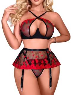 ADSEXY Sexy Dessous Damen Unterwäsche Spitze Strapsen Reizwäsche für Frau Set BH + Panty + Strumpfhalter mit Strümpfen Lingerie für Frauen L von ADSEXY