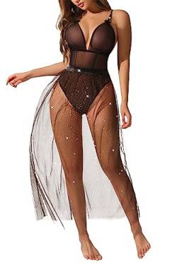 ADSEXY Sexy Dessous Damen für Frauen Bodysuit Tiefer V Unterwäsche mit Sternenhimmel Spitzenkleid Body Damen Sexy Spitze Strapsen Negligee Reizwäsche Mini Teddy Lingerie Babydoll von ADSEXY