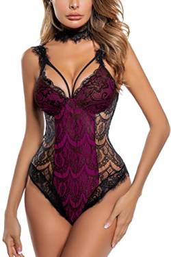 ADSEXY Sexy Dessous Damen für Sex Unterwäsche Bodysuit V-Ausschnitt Rückenfrei Reizwäsche Body Damen Sexy Spitze Lingerie Erotische Reizvolle Strapsen Negligee Mini Teddy Babydoll S von ADSEXY