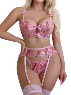 ADSEXY Sexy Dessous Set Damen Unterwäsche Spitze Strapsen Fliege Blumen Reizwäsche Lingerie Set BH + Panty + Strumpfbänder für Frauen （Strümpfe Nicht enthalten） von ADSEXY