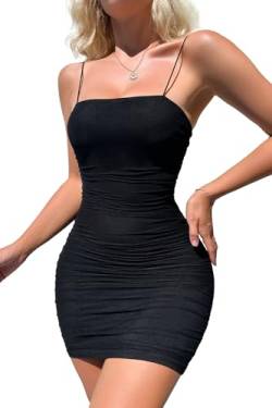 ADSEXY Sexy Frauen Bodycon Kleider Spaghettiträger geraffte Bodycon Party Club Minikleid, Schwarz, Klein von ADSEXY