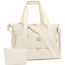 ADVEZO Weekender Bag Handgepäcktasche für Übernachtung, erweiterbare Sporttasche, Krankenhaustasche für Damen, mit Schuhfach, Nassfach und USB-Ladeanschluss, Beige, Carry-On 40-Inch, Einfach, von ADVEZO