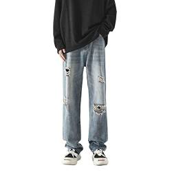 Ripped Jeans für Männer Gerade Weites Bein Denim Hosen Baggy Loose Fit Vintage Plain Casual Lange Hosen Blau von ADVRESF