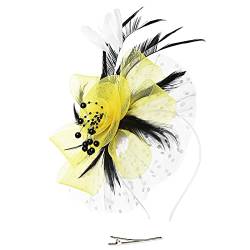Hut für Frauen, Hochzeit, Cocktail, Mesh, Federn, Haarspange, Teeparty-Stirnband Kopfband Herren Japan (Yellow, One Size) von ADXFWORU