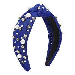 Modische Stirnbänder für Frauen Mädchen Stirnbänder Vintage Stirnband breiter Knoten Perlen Haarreifen für lässige Hochzeit Schlüsselanhänger Tanzen (Blue, One Size) von ADXFWORU