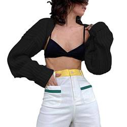 ADYD Frauen Sweatshirt zuckt mit den Schultern Einfarbig Kette Rückenfrei Lange Puffärmel Strickwaren Zur Seite Fahren Crop-Top Ultra Kurz Geschnittener Pullover (B-Black, One Size) von ADYD