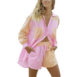 Damen 2-teiliges lässiges Trainingsanzug-Outfit-Sets, gestreifte Langarmshirts und elastische Shorts, lockere Passform, Y2K Streetwear, Pink Gelb, 38 von ADYD