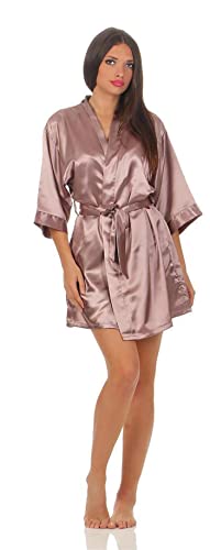 AE Damen Morgenmantel kurzer Kimono aus Satin-Optik in 23 Farben Bademantel Nachtwäsche Nachtmantel Seidenrobe Gr. S-2XL Cappuccino L von AE