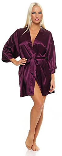 AE Damen Morgenmantel kurzer Kimono aus Satin-Optik in 23 Farben Bademantel Nachtwäsche Nachtmantel Seidenrobe Gr. S-2XL Dunkellila S von AE