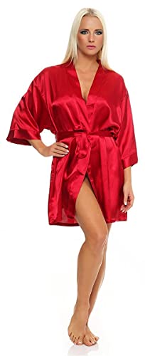 AE Damen Morgenmantel kurzer Kimono aus Satin-Optik in 23 Farben Bademantel Nachtwäsche Nachtmantel Seidenrobe Gr. S-2XL Rot L von AE