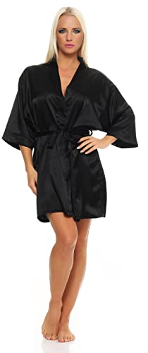 AE Damen Morgenmantel kurzer Kimono aus Satin-Optik in 23 Farben Bademantel Nachtwäsche Nachtmantel Seidenrobe Gr. S-2XL Schwarz S von AE