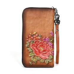 AEGGEAI Prägegeldbörse für Damen, echtes Leder, lange Geldbörse, Vintage-Blumenmuster, Reißverschluss, Clutch, großes Fassungsvermögen, Braun, Retro-Stil von AEGGEAI