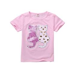 Kinder T-Shirt Flip Pailletten Baumwolle Kurzarm Druck Tops Geeignet für Jungen und Mädchen Alter 3 bis 9 Jahre Gr. 3-4 Jahre, Rosa/Katze von AEIL