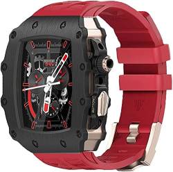 AERIALA Luxuriöses Edelstahl-Uhrengehäuse, für Apple Watch 8, 7, 45 mm, mit Mod-Kit, Gummiband für Herren, Fluorkautschukband und Stahlschnalle, für iWatch Serie 6, 5, 4, SE, 44 mm(D, 45 mm) von AERIALA
