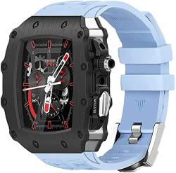 AERIALA Luxuriöses Edelstahl-Uhrengehäuse, für Apple Watch 8, 7, 45 mm, mit Mod-Kit, Gummiband für Herren, Fluorkautschukband und Stahlschnalle, für iWatch Serie 6, 5, 4, SE, 44 mm(J, 45 mm) von AERIALA