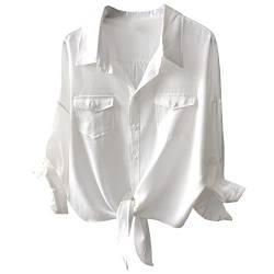 Damen Button-Down-V-Ausschnitt Shirts 3/4-Ärmel Schnürung vorne locker Büro Business Hemd Bluse Sommer Casual Tops, Weiss/opulenter Garten, Groß von AEURPLT
