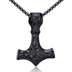 AFSTALR Wikinger Schmuck Herren Halskette Thors Hammer Halskette - Nordische Mythologie Mjolnir Wikinger Runen Hammer Edelstahl kette Viking Geschenke für Männer 50cm Schwarze von AFSTALR