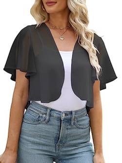 AFVETUT Damen Sommer Offene Front Sheer Kurzarm Rüschen Cropped Chiffon Capes Bolero Shrug Cardigan, grau dunkel, Mittel von AFVETUT