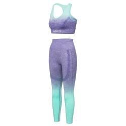 AGILEX Damen Workout Outfit/Sportanzug/Trainingsanzug für Krafttraining/Yoga 2-teilig Scrunch Butt Leggings Squatproof und Sports Bra/Sport BH (purple/green Größe S) von AGILEX