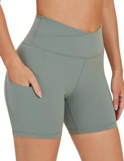 AGONVIN Atmungsaktive Crossover-Yoga-Biker-Shorts für Damen mit hoher Taille und Taschen Matcha-Grün S von AGONVIN