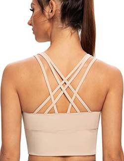 AGONVIN Damen Longline Strappy Gepolsterte Medium Support Training Top Sport BH Hell beige L Große Größen von AGONVIN