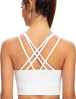 AGONVIN Damen Longline Strappy Gepolsterte Medium Support Training Top Sport BH Weiß M Große Größen von AGONVIN