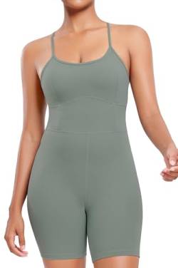 AGONVIN Damen Workout Spaghetti-Träger Rompers Shorts Bauchkontrolle Einteiler Jumpsuit Matcha-Grün M von AGONVIN