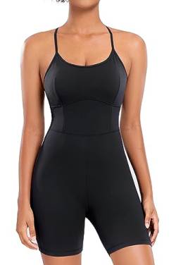 AGONVIN Damen Workout Spaghetti-Träger Rompers Shorts Bauchkontrolle Einteiler Jumpsuit Schwarz L von AGONVIN