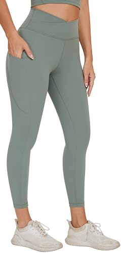 AGONVIN Yoga-Leggings mit überkreuzter Taille für Damen, weiche Sportstrumpfhose mit Tasche Matcha-Grün XL von AGONVIN