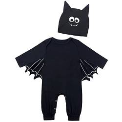 AGQT Baby Halloween Fledermaus Kostüm Mädchen Jungen Strampler mit Ear Hut Halloween Karneval Kostüme Outfits Langarm 2 Stück Strampler Größe 12-18 Months(Z290) von AGQT