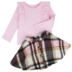 AGQT Baby Mädchen Bekleidungssets Langarm Rüschen Oberteil + A-Linie Kariertes Rock Set Kleinkind Mädchen Mode Herbst Winter Kleidung 2Pcs Outfits Set Rosa 1-2 Jahre von AGQT