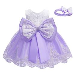 AGQT Baby Mädchen Kleid mit großer Schleife, ärmellos, Taufkleid,Geburtstagsparty-Kleid, Blumenmädchen, Festzug, Taufe, Hochzeit, Tutu-Kleid,Weiß+Hellviolett Größe 12–18 Monate von AGQT