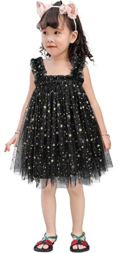 AGQT Baby Mädchen Tüll Kleid,Kleinkind Partykleid Ärmelloses Tutu Geburtstag Kleid Gänseblümchen-Spitze Blumenmädchen Kleid Funke Stern Schwarz Große 18-24 Monate von AGQT