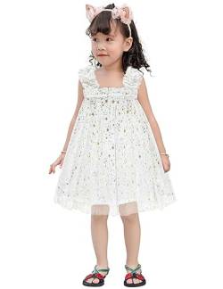 AGQT Baby Mädchen Tüll Kleid,Kleinkind Partykleid Ärmelloses Tutu Geburtstag Kleid Gänseblümchen-Spitze Blumenmädchen Kleid Kleiner Stern Weiß Große 12-18 Monate von AGQT