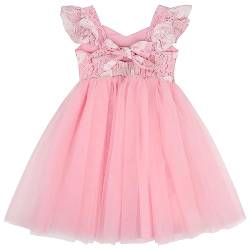 AGQT Baby Mädchen Tüllkleid Rüschen Ärmel Sommer Blumenmädchenkleid Prinzessin Kleid Festlich Hochzeit Geburtstagfeier Taufkleid RosaGröße 1-2 Jahre von AGQT