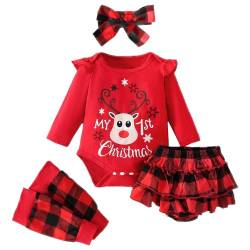 AGQT Baby Mädchen Weihnachts Outfits Mein erstes Weihnachten Strampler und Karierte Kleid mit Stirnbändern Socke 4pcs Weihnachtskleidung Herbst Winter Bekleidungssets Rot 6-9 Monate von AGQT